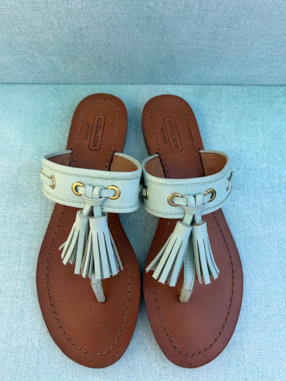Coach Tan Leather Thong Sandals with Light Blue Tassels